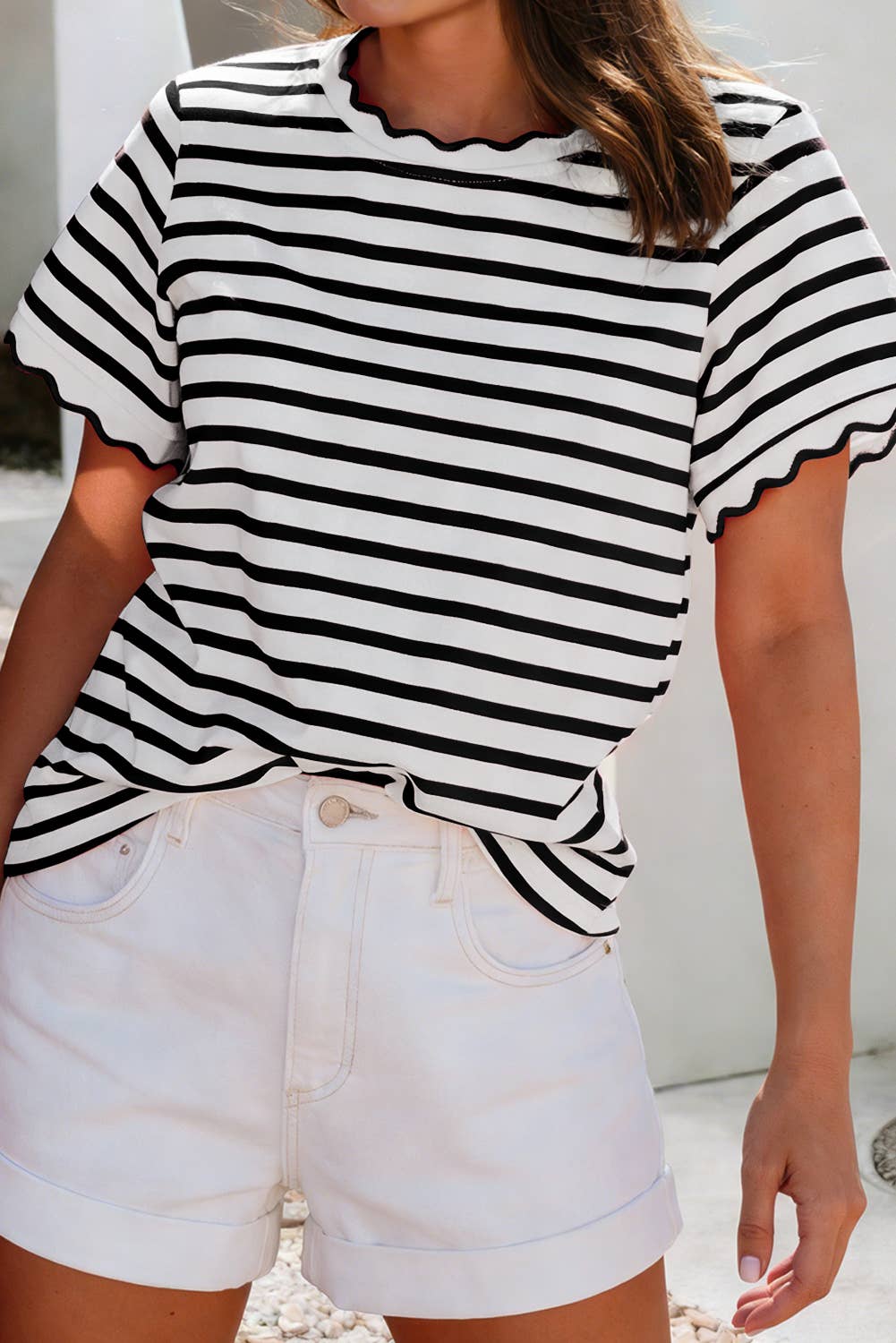 Scalloped Trim Round Neck Stripe T Shirt