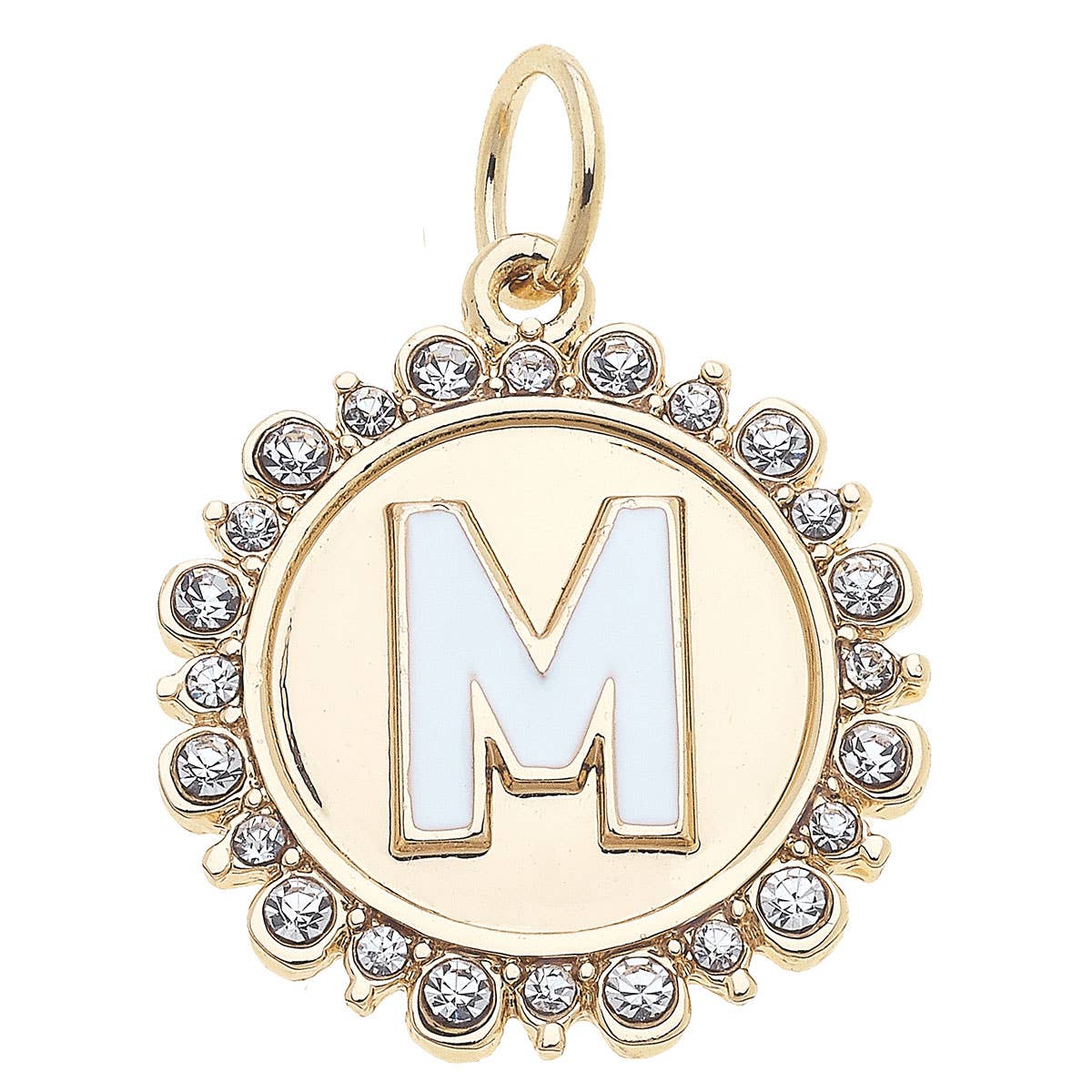 Rhinestone Letter Disc Charm in Shiny Gold