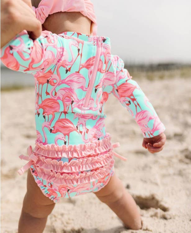 Baby Girls Fab Flamingo Long Sleeve One Piece Rash Guard Swimsuit with Signature Rear Ruffles