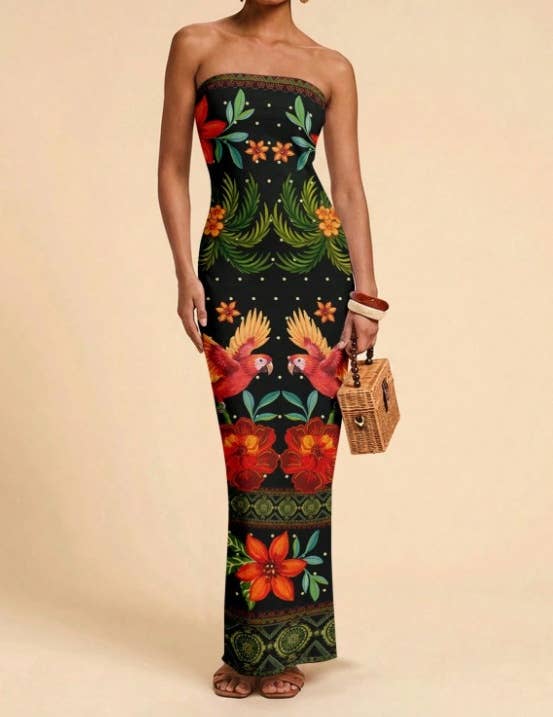 Tropical Floral Print Strapless Maxi Dress Tube Dress