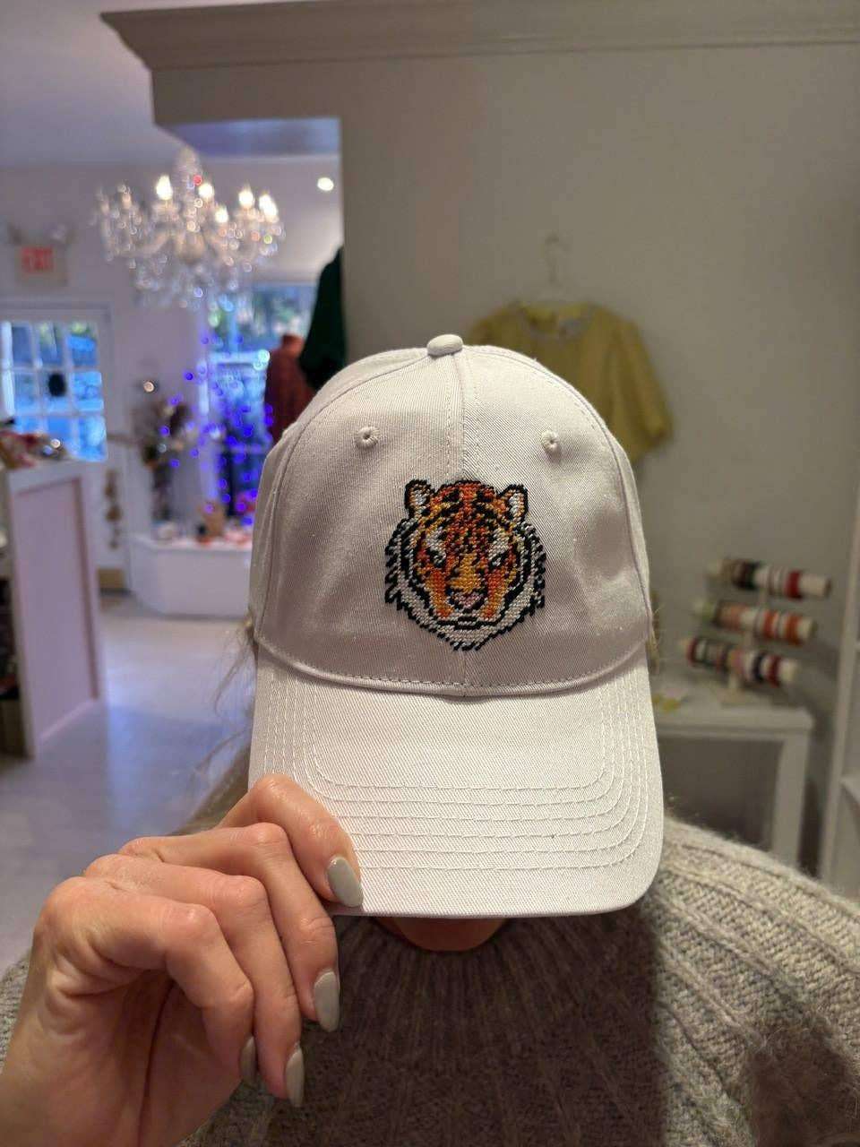 Needlepoint Baseball Hat - Tiger - White - WS