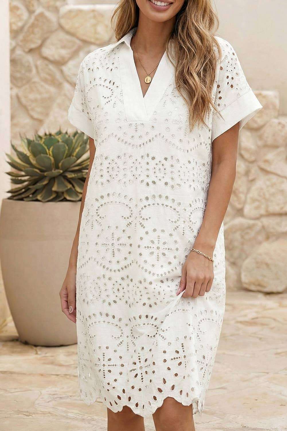 Solid Color Eyelet Embroidered T Shirt Mini Dress