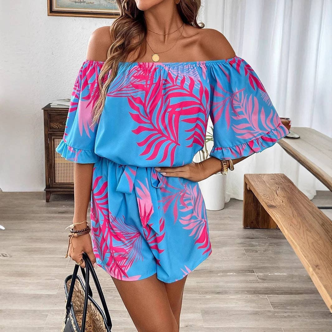 Women's Tropical Print Off Shoulder Ruffle Hem Jumpsuit