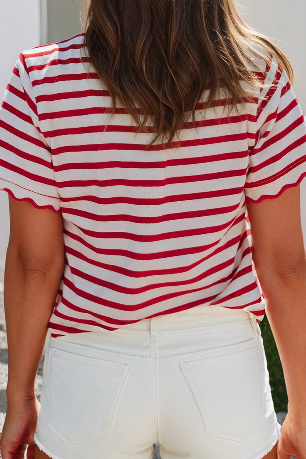 Scalloped Trim Round Neck Stripe T Shirt