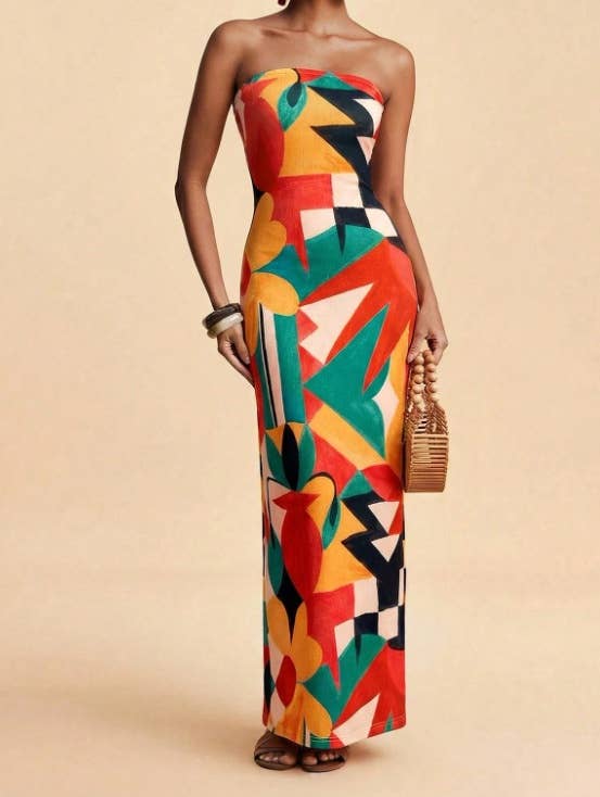 Tropical Floral Print Strapless Maxi Dress Tube Dress