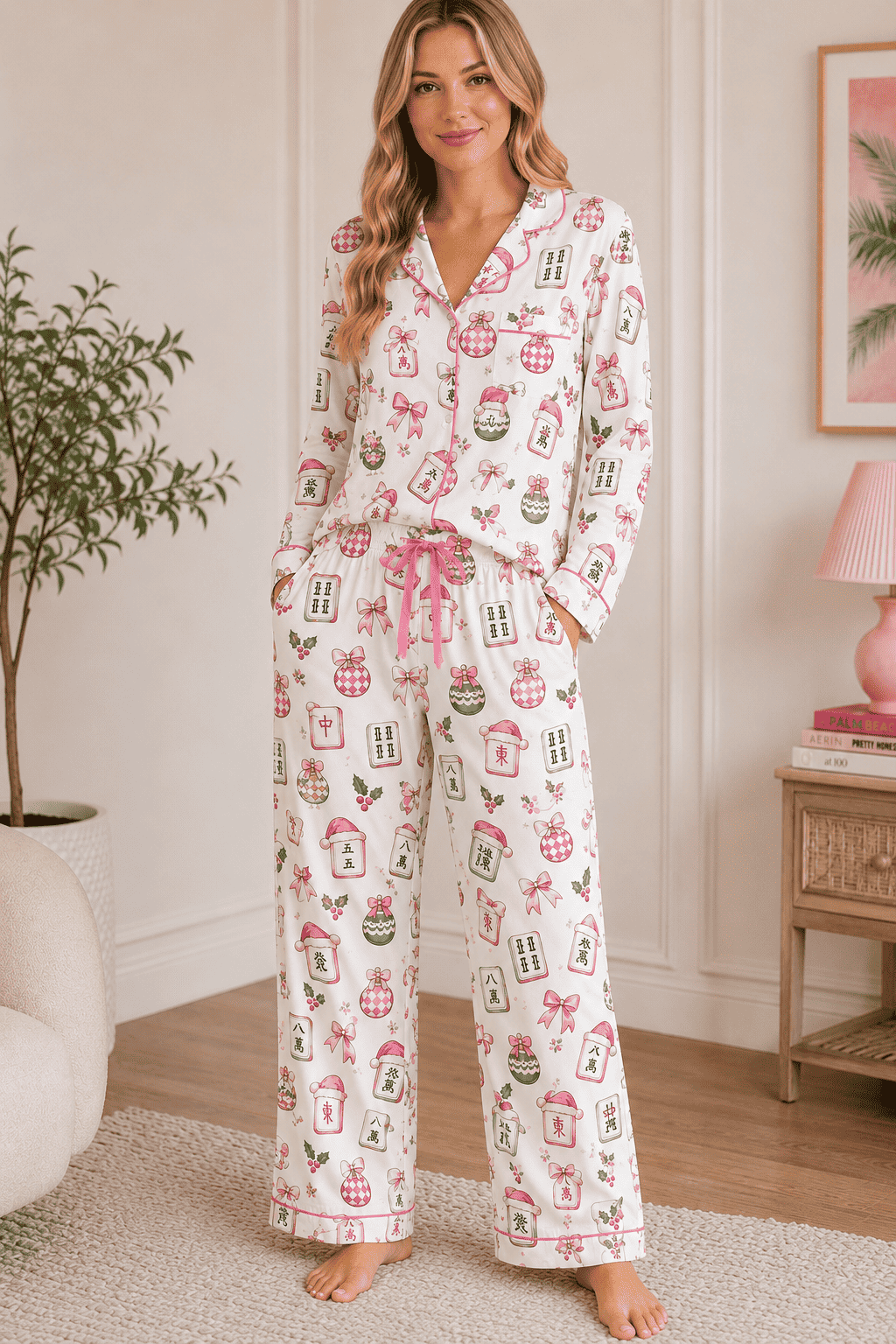 Pink Mahjong Christmas Pajama Set