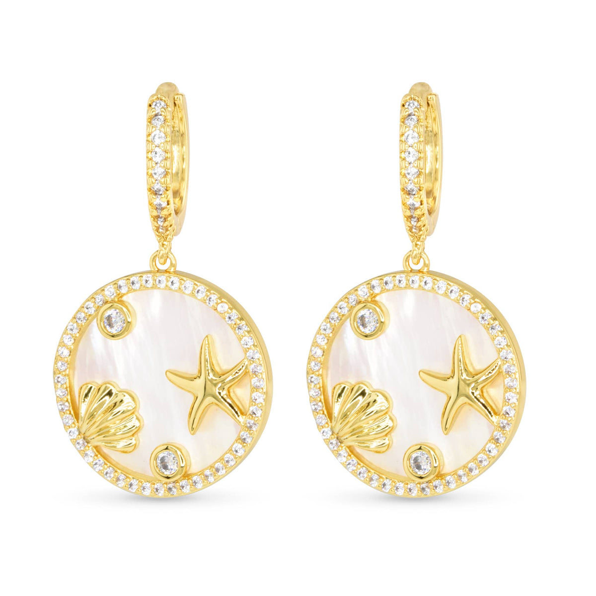 Gold CZ & MOP Coastal Disk Hoop Earrings