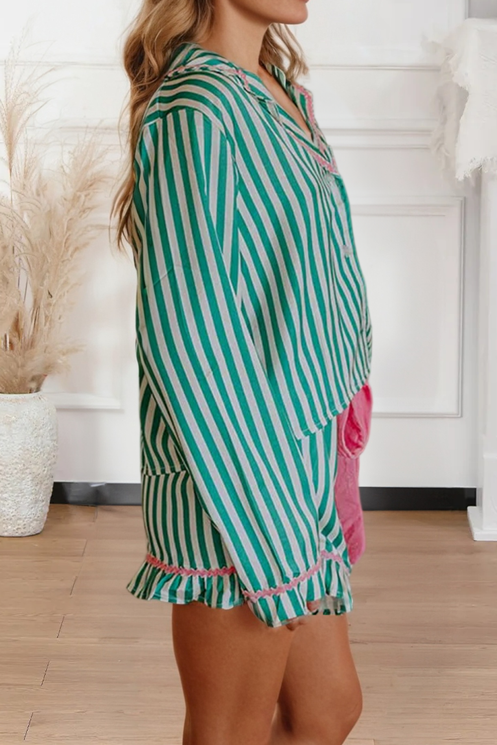 Long Sleeve Shirt Ribbon Drawstring Pajama Short Set