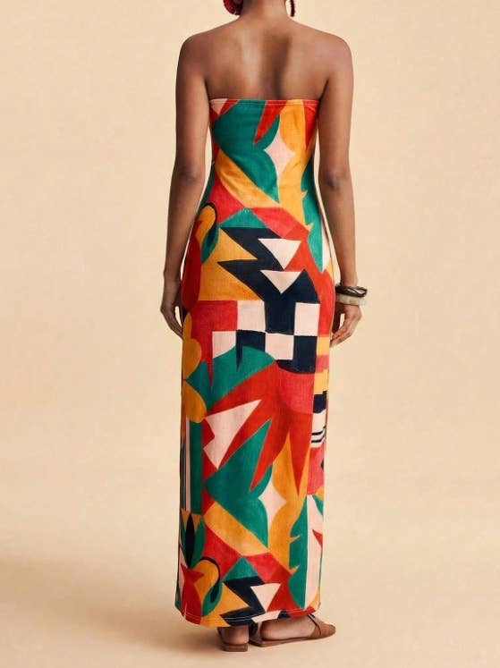 Tropical Floral Print Strapless Maxi Dress Tube Dress