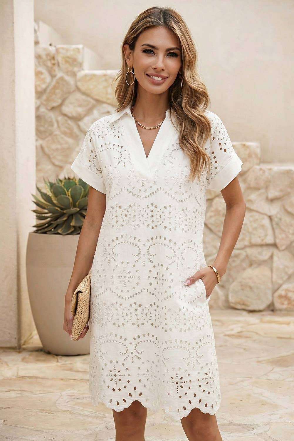 Solid Color Eyelet Embroidered T Shirt Mini Dress