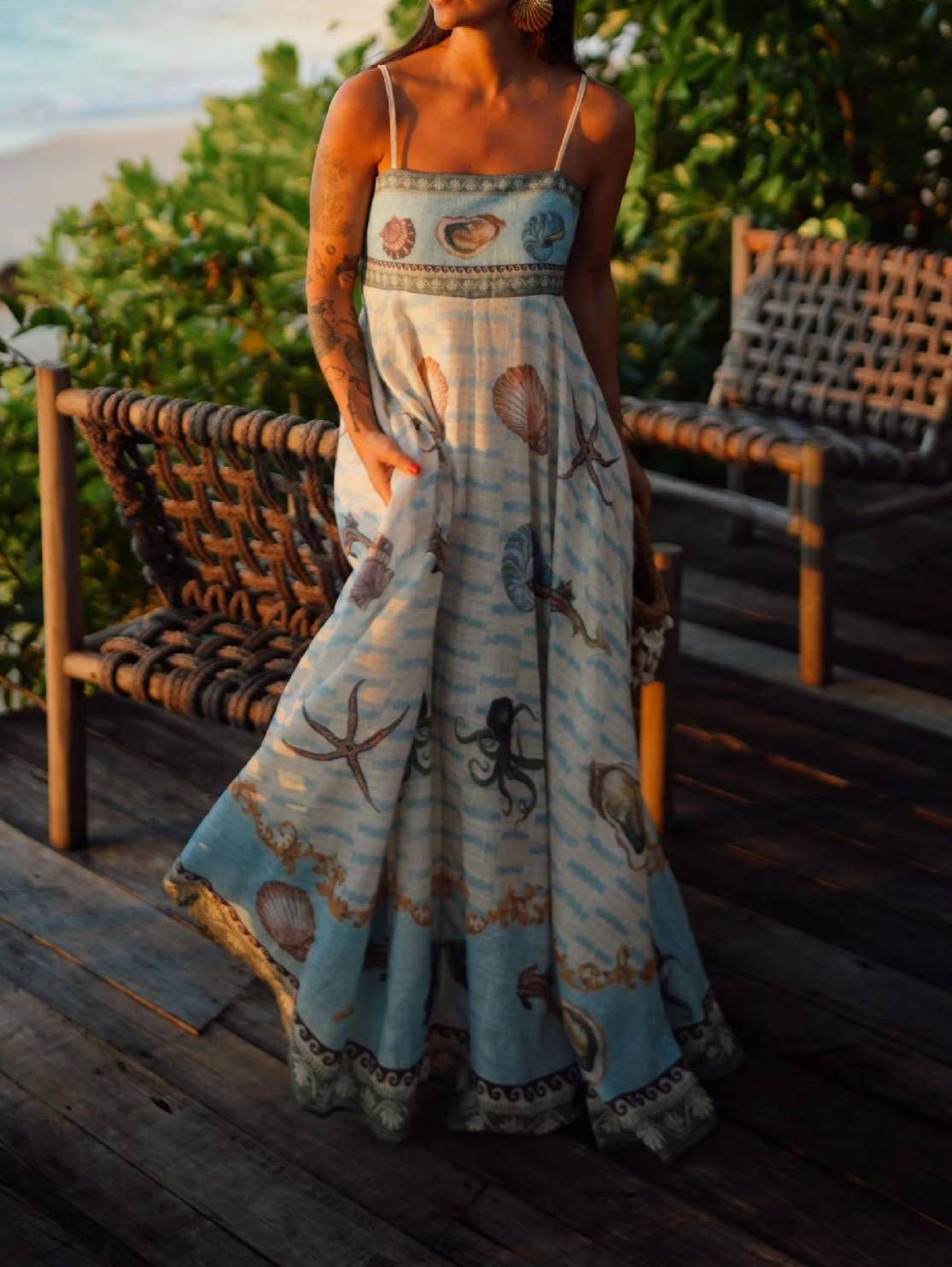 Sea Creature Print Beach Vacation Style Cami Dress