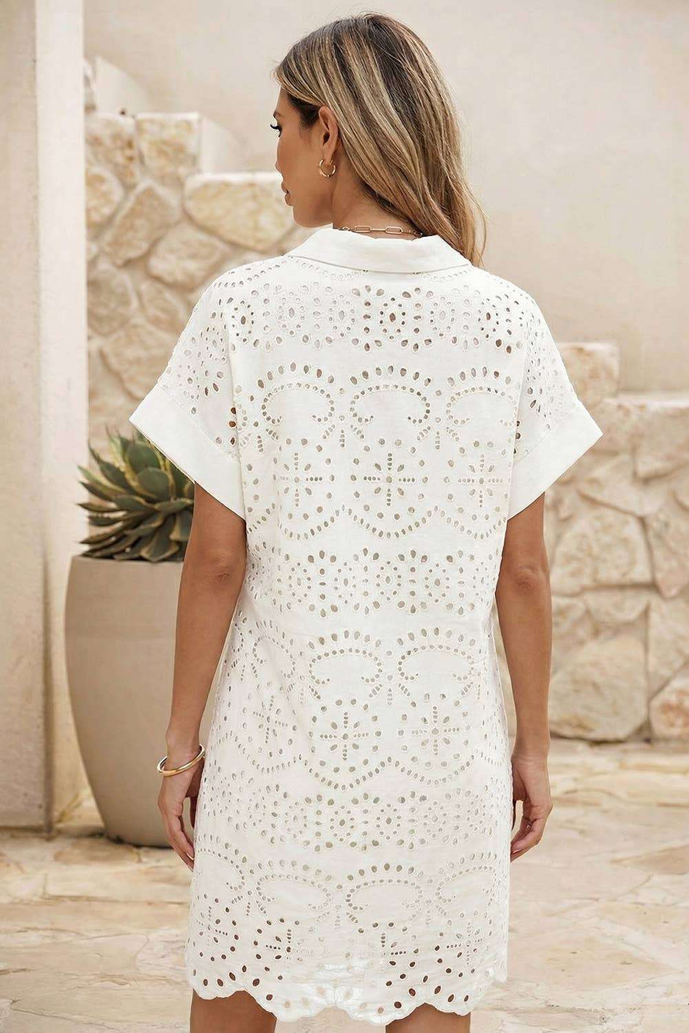 Solid Color Eyelet Embroidered T Shirt Mini Dress