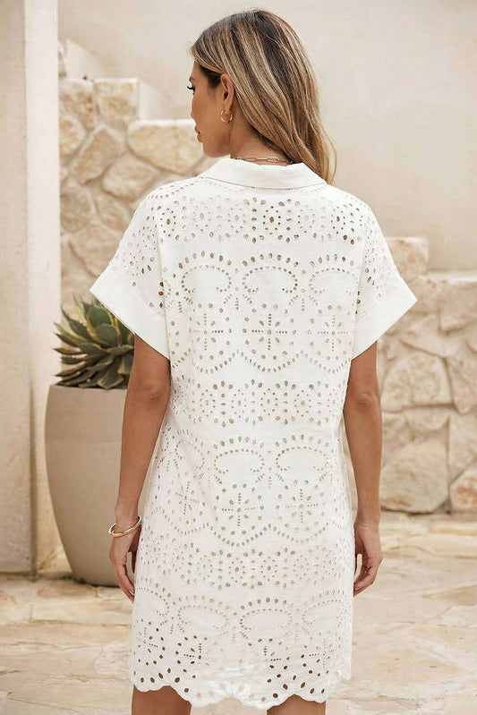 Solid Color Eyelet Embroidered T Shirt Mini Dress