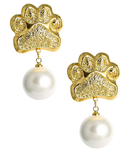 Paw Print Pearl Drop Earring  - Gold