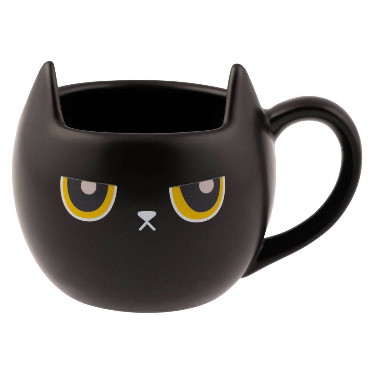 A black cat-shaped ceramic mug with a handle, featuring a grumpy face design with yellow and white eyes and a small gray nose, shown on a plain white background.