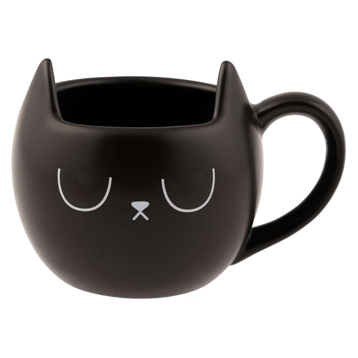 A black ceramic mug shaped like a cat's head with pointed ears, a curved handle, and a minimalist white face design, shown on a plain white background.