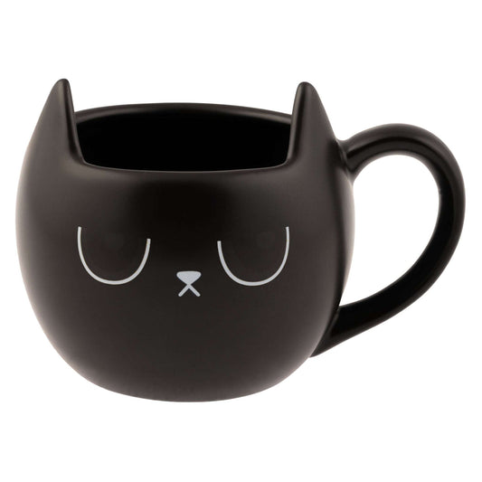A black ceramic mug shaped like a cat's head with pointed ears, a curved handle, and a minimalist white face design, shown on a plain white background.