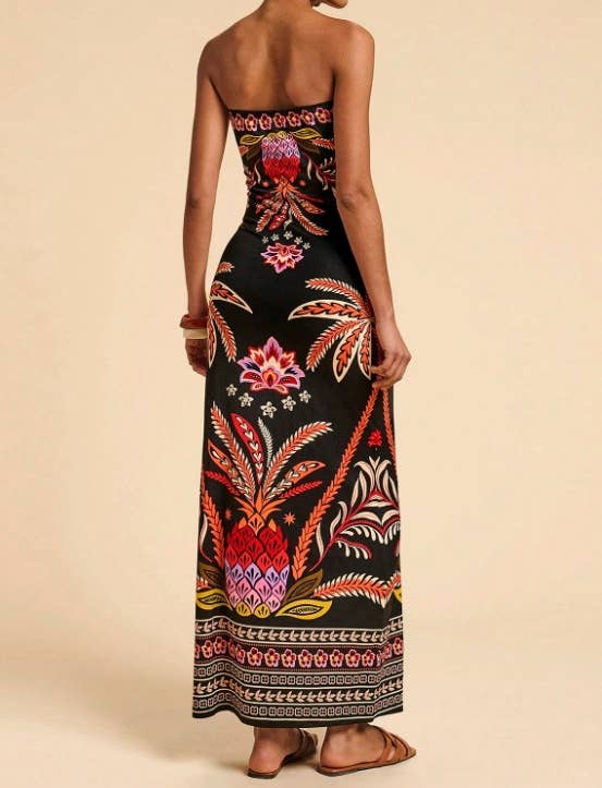 Tropical Floral Print Strapless Maxi Dress Tube Dress