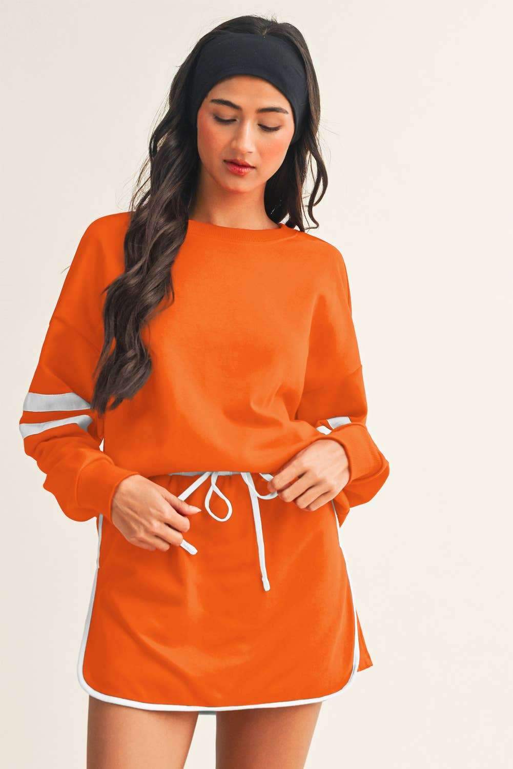 Stripe Detail Drop Shoulder Pullover Mini Skirt Set