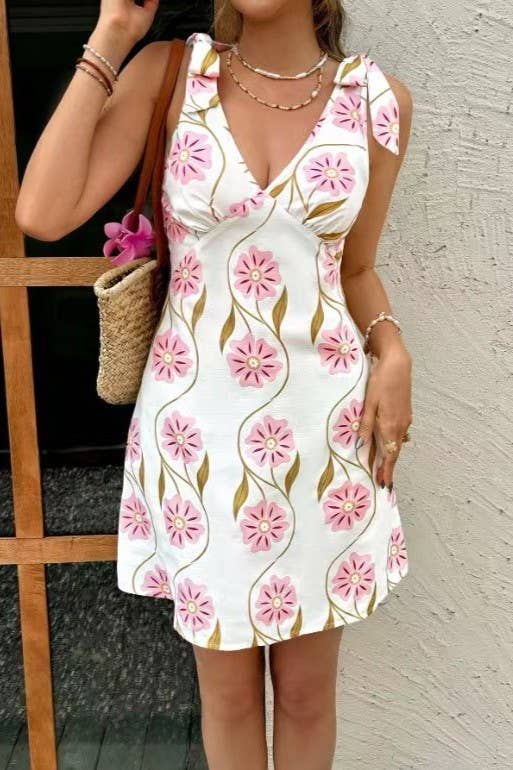 Morning Glory floral print bow straps v-neck mini dress
