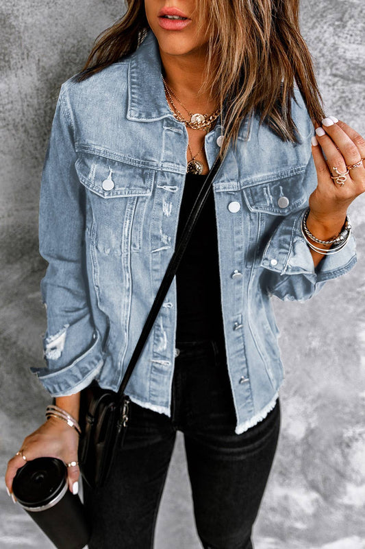 Distressed Raw Hem Buttons Denim Jacket