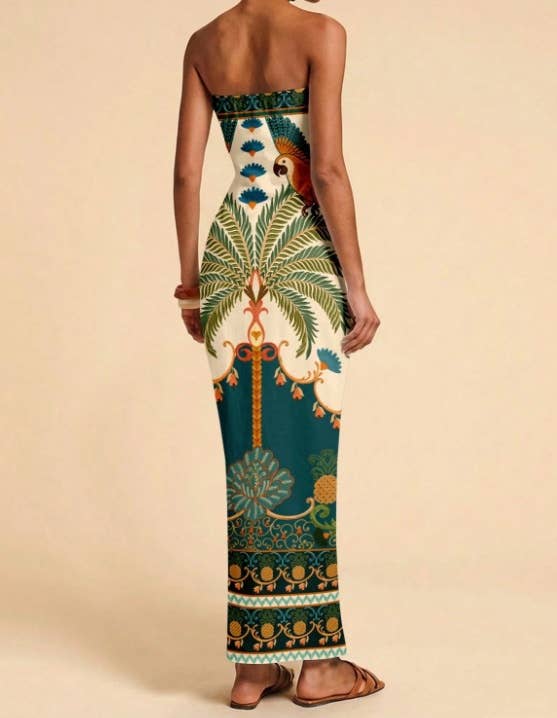 Tropical Floral Print Strapless Maxi Dress Tube Dress