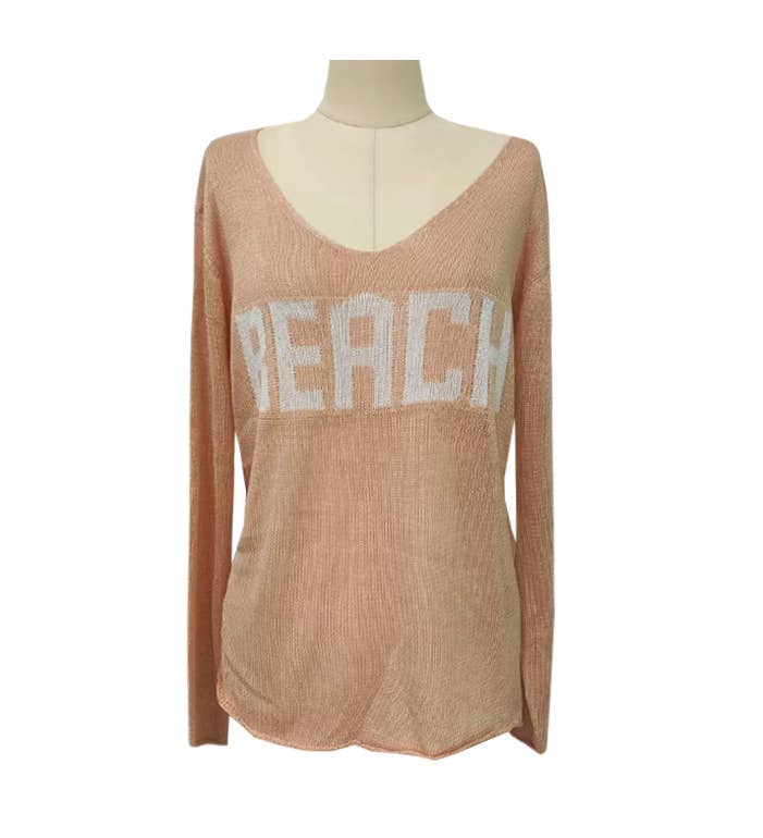 "Beach" Letter Print V-Neck Hollow Knit Blouse