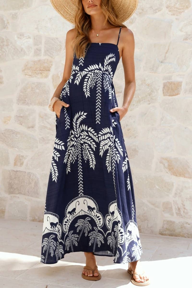 Tropical vacation palm print A-line strappy maxi dress