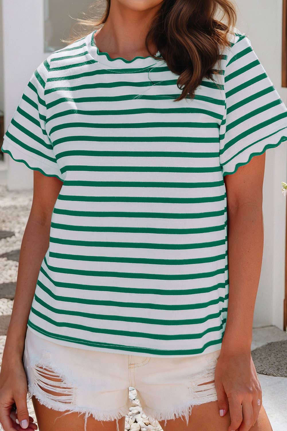 Scalloped Trim Round Neck Stripe T Shirt