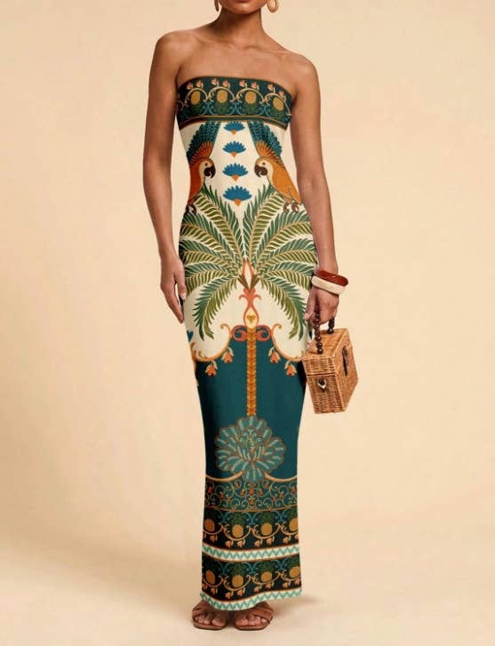 Tropical Floral Print Strapless Maxi Dress Tube Dress