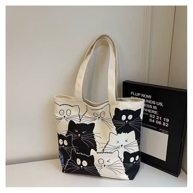 Large Capacity Canvas Tote Cat Cartoon Print
