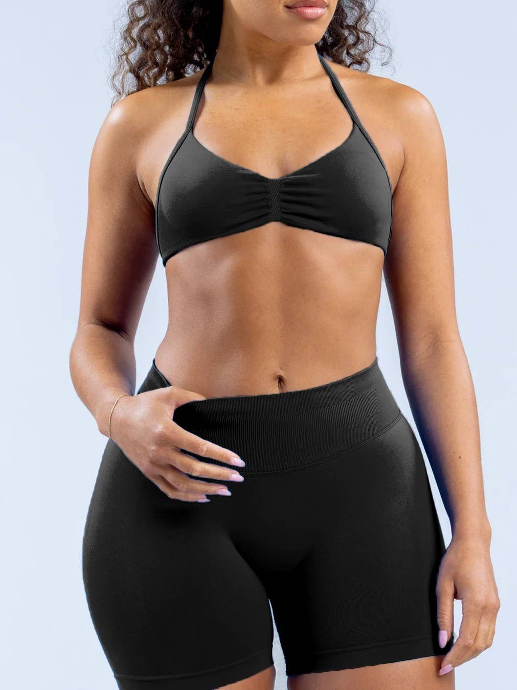 Black Polka Sport Halter Bra Scrunch Shorts Athletic Set