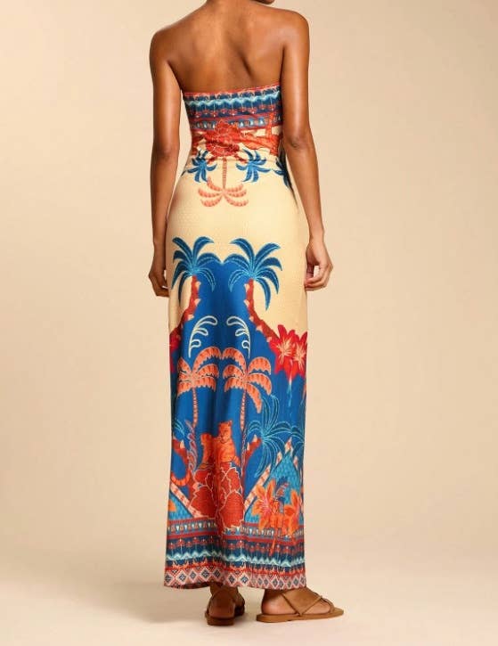 Tropical Floral Print Strapless Maxi Dress Tube Dress