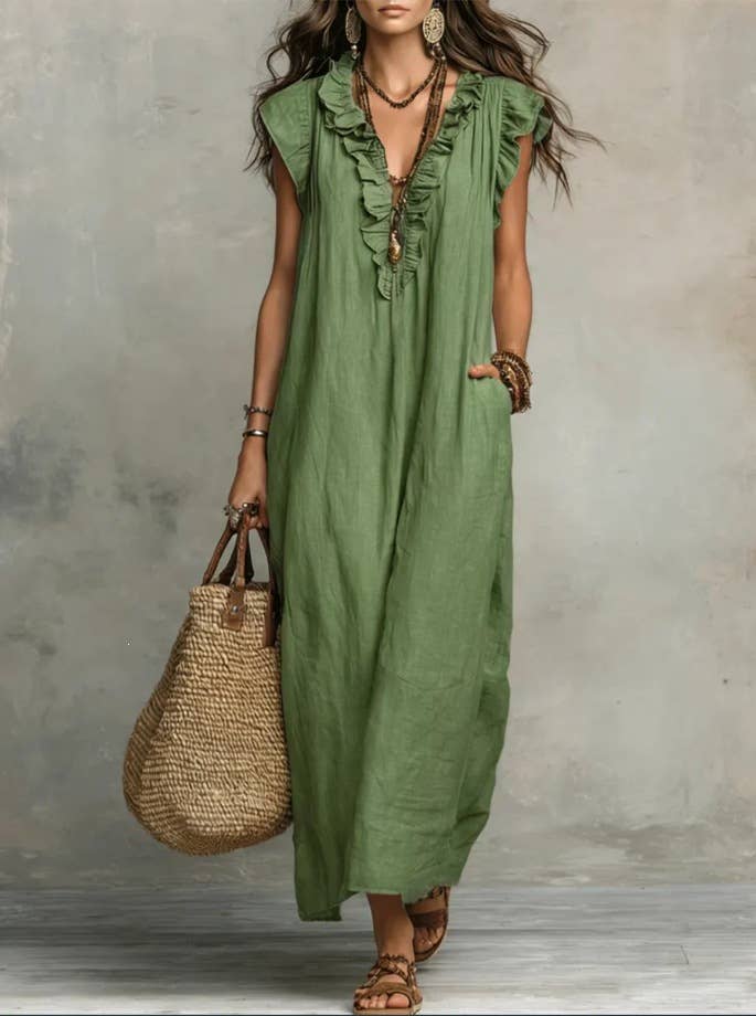 Boho Loose Fit Ruffle Collar Dress with Flutter Cap Sleeves