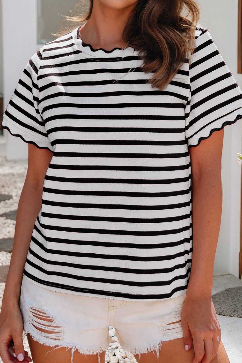 Scalloped Trim Round Neck Stripe T Shirt