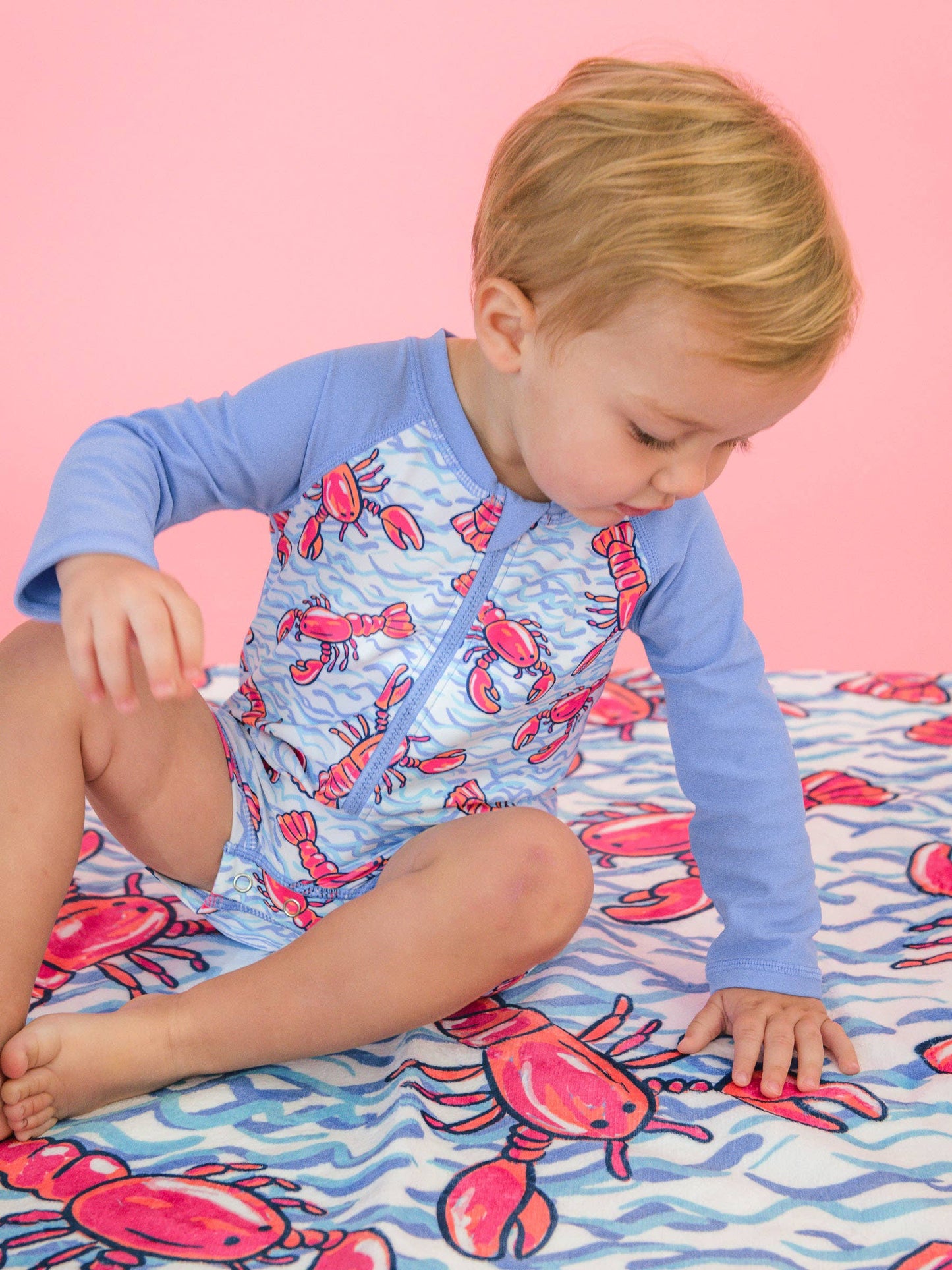 Baby Boys Blue Lobster Lagoon Long Sleeve One Piece Rash Guard Swimsuit