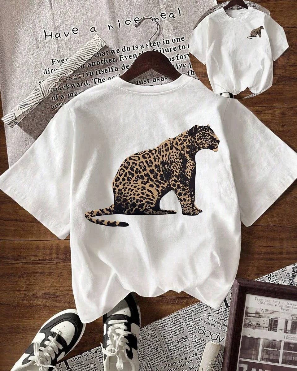 Vintage Leopard Print Graphic Crew Neck Short Sleeve Tee