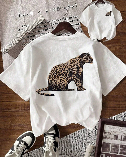 Vintage Leopard Print Graphic Crew Neck Short Sleeve Tee