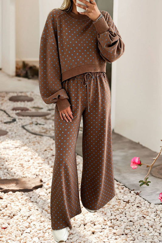 Polka Dot Drawstring Wide Leg Pants Set