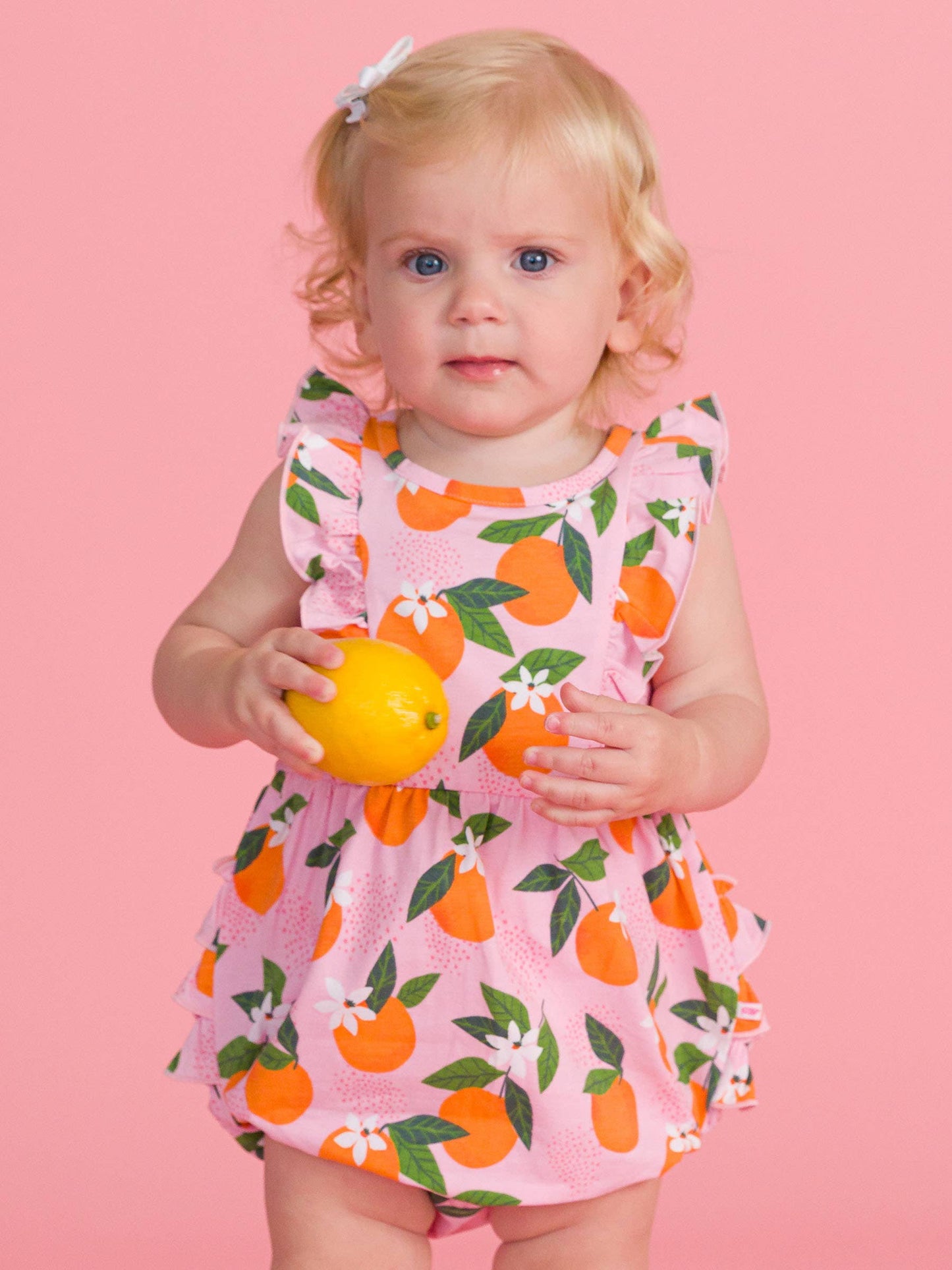 Baby Girls Orange You The Sweetest Sleeveless Waterfall Bubble Romper with Signature Rear Ruffles