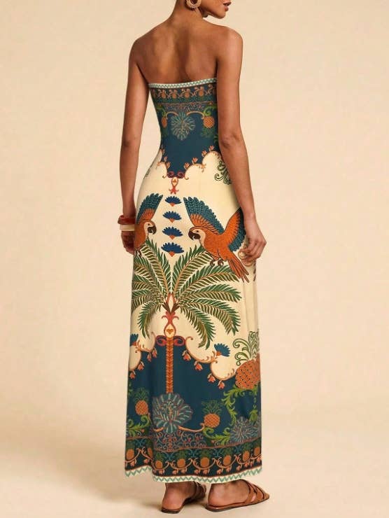 Tropical Floral Print Strapless Maxi Dress Tube Dress