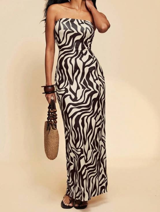 Tropical Floral Print Strapless Maxi Dress Tube Dress