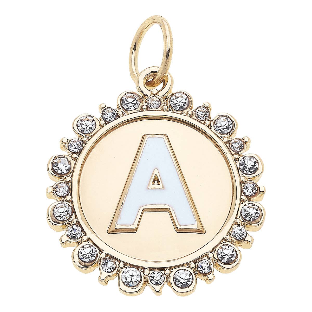 Rhinestone Letter Disc Charm in Shiny Gold