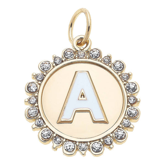 Rhinestone Letter Disc Charm in Shiny Gold