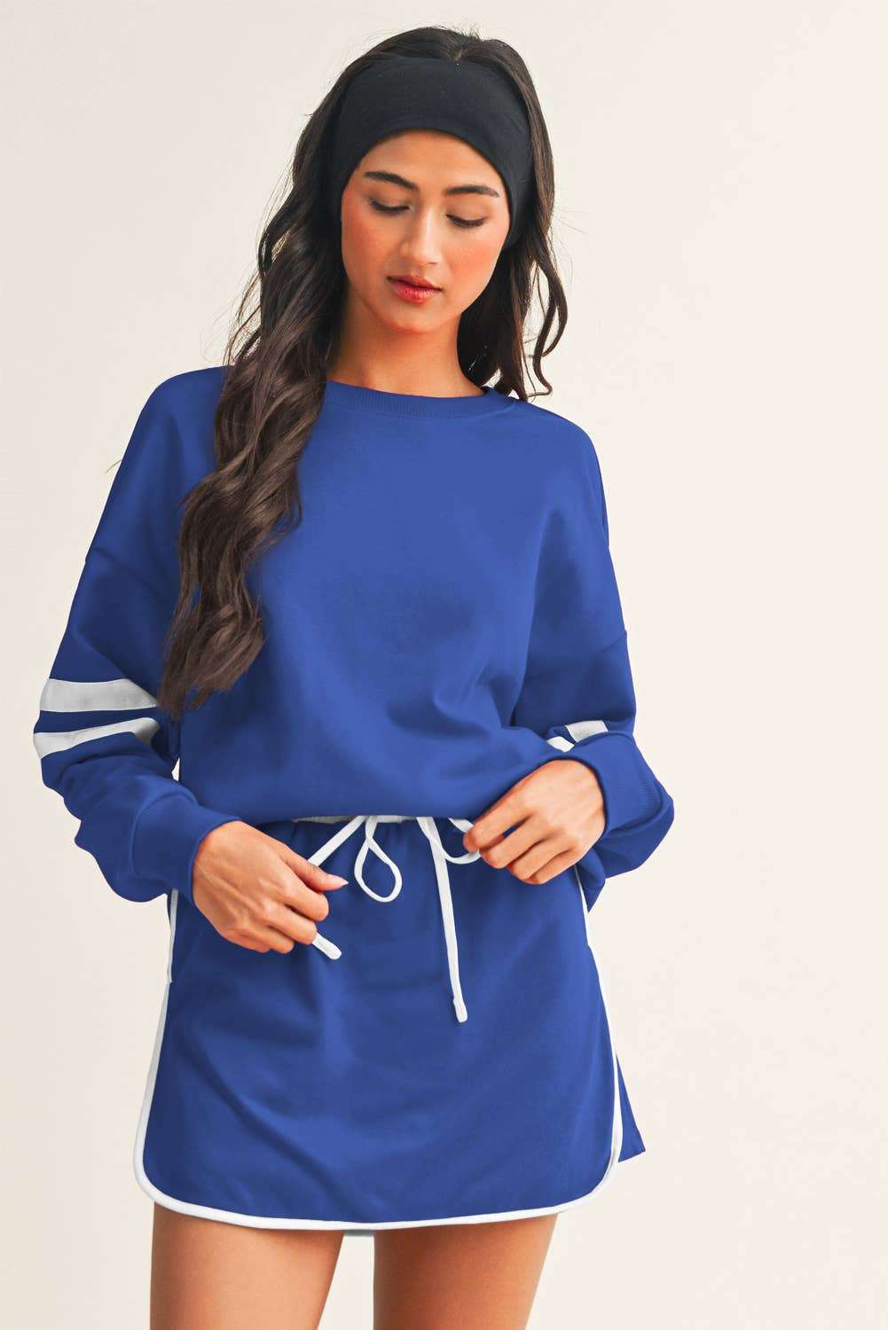 Stripe Detail Drop Shoulder Pullover Mini Skirt Set