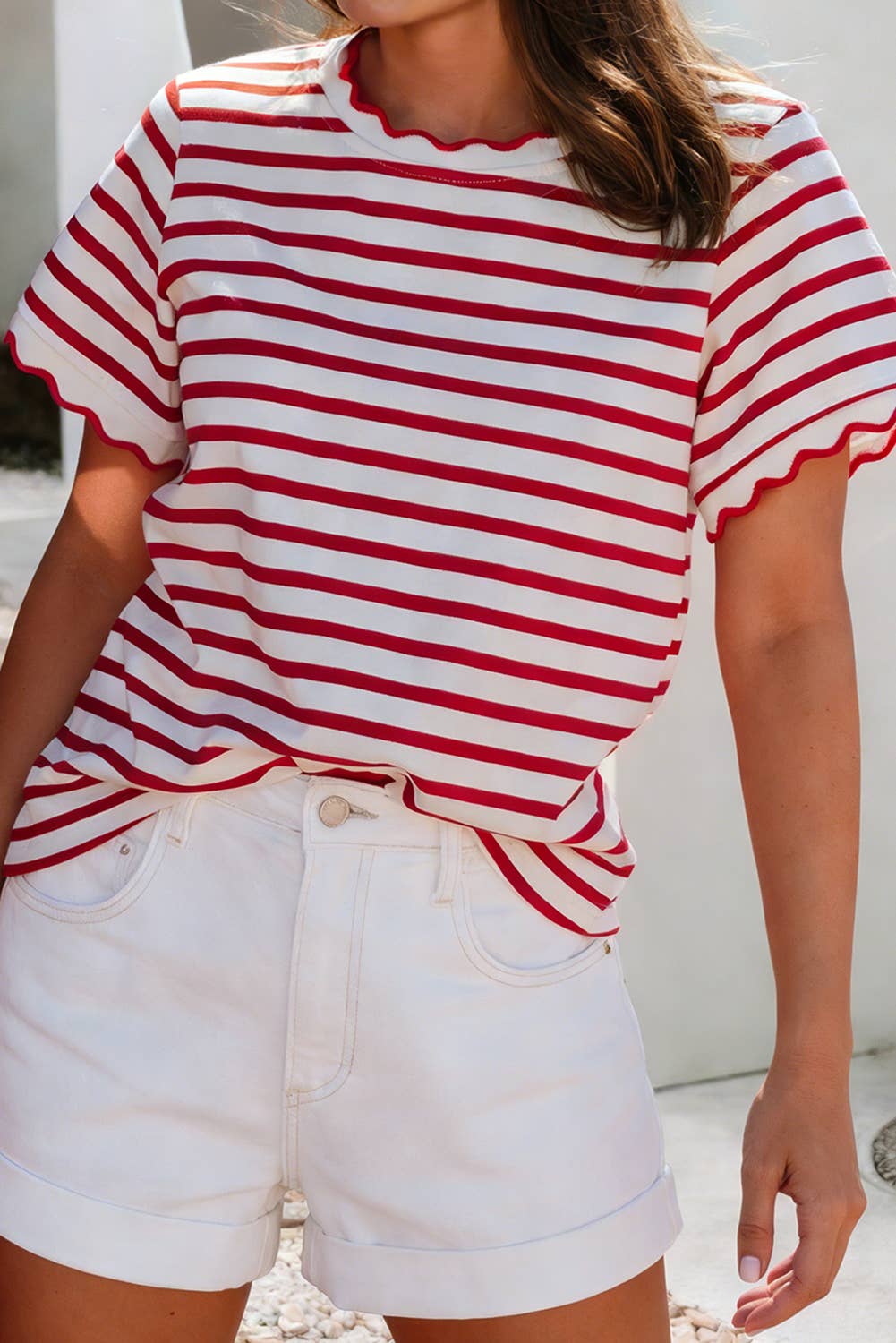 Scalloped Trim Round Neck Stripe T Shirt
