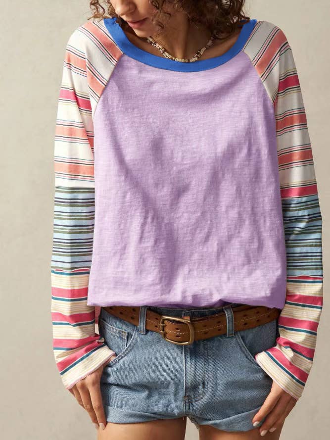 Raglan Sleeve Colorblock Striped Patchwork Top