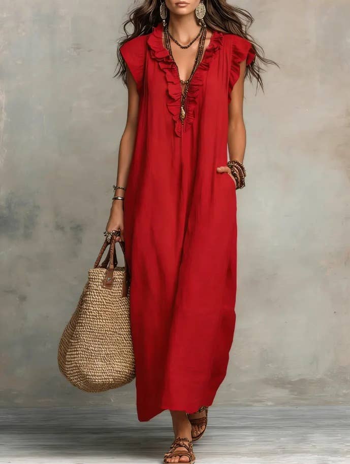 Boho Loose Fit Ruffle Collar Dress with Flutter Cap Sleeves