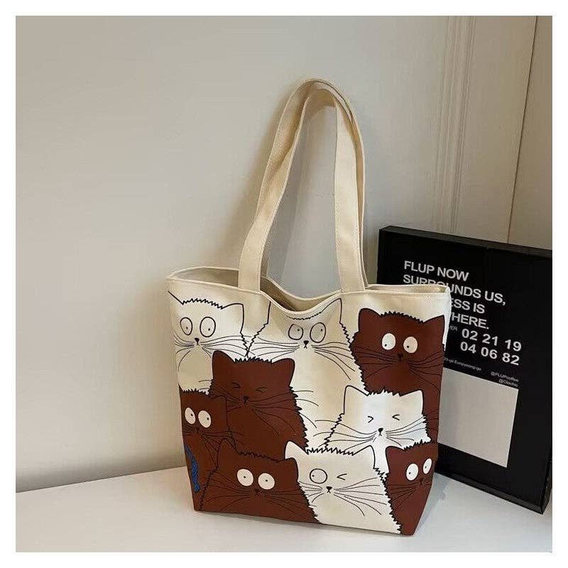 Large Capacity Canvas Tote Cat Cartoon Print