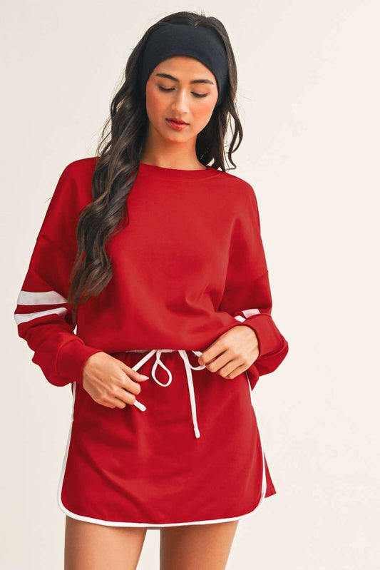 Stripe Detail Drop Shoulder Pullover Mini Skirt Set